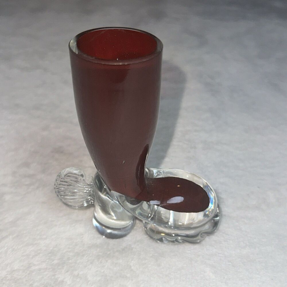 Vintage Art Glass Boot Bud Vase Burgundy Red Clear Shoe Figurine Shot Glass